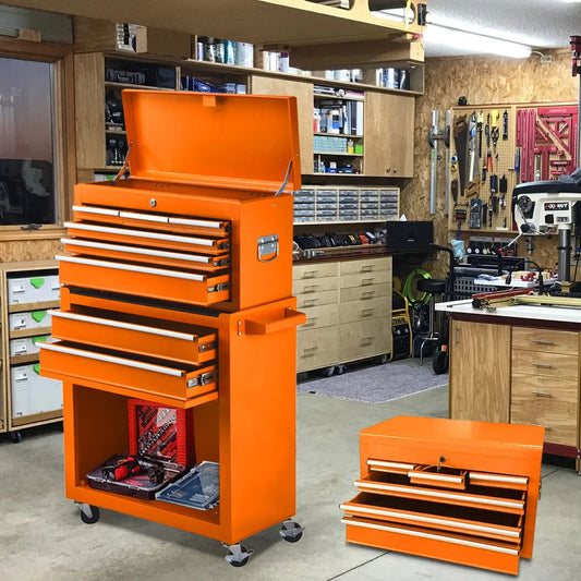 8-Drawer Tool Chest with Wheels, Tool Storage Cabinet and Tool Box, Lockable Rolling Tool Chest with Drawers, Toolbox Organizer for Garage Warehouse Workshop (Orange)