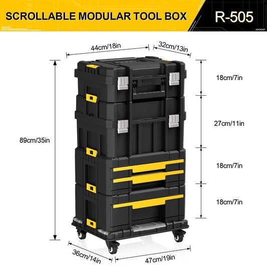 4 Tier Stackable Rolling Tool Box with Wheels, Modular Organizer Storage System with Drawers for Garage & Professional Work