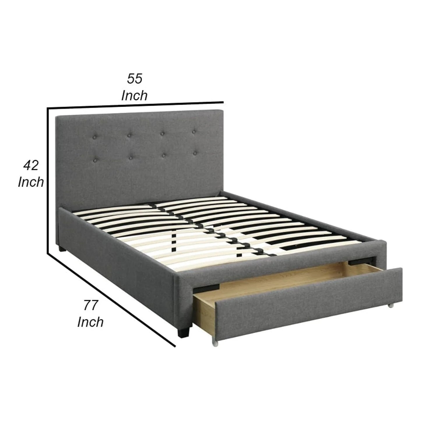 BenJara Upholstered Wooden Full Bed With Button Tufted Headboard & Lower Storage Drawer Gray