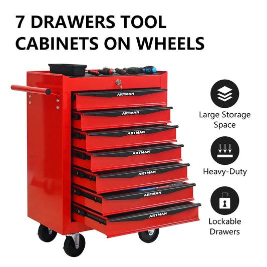 Rolling Steel Tool Chest with 7 Drawers, Ball Bearing Slides & 4-Wheel Mobility - Lockable Storage Cabinet for Workshop or Garage