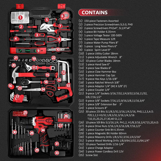 276-Piece Tool Set Kit with 12V Cordless Drill & Storage - Home Improvement Tools