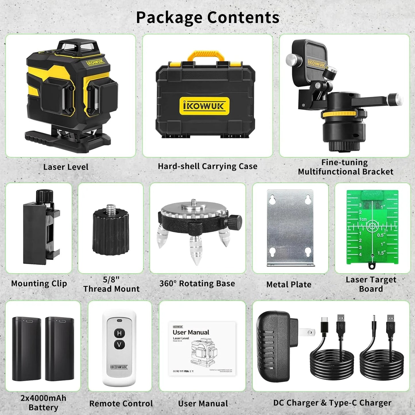 Laser Level, IKOVWUK 3x360? Cross Line Laser for Construction and Picture Hanging, 12 Green Lasers with Self-leveling, 65 ft Vertical & Horizontal Line, Level Tool with 5200 mAh Rechargeable Battery