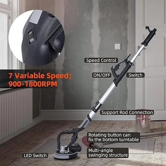 Garvee Drywall Sander,750W Electric Drywall Sander 7 Variable Speed 900-1800 RPM Sander with LED Light, 14 Pcs Sanding discs, Extendable Handle, Dust Hose, Storage Bag