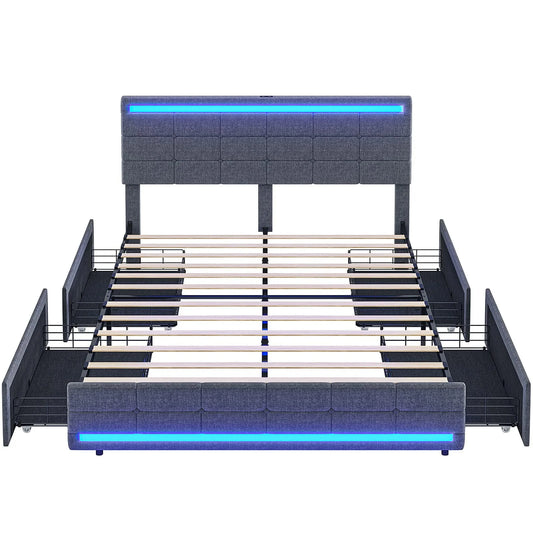 Full Size Bed Frame with 4 Storage Drawers, Platform Bed Frame with 2 USB Ports, Upholstered Bed with LED Headboard Footboard, Square Stitched Button Tufted Design, Dark Grey