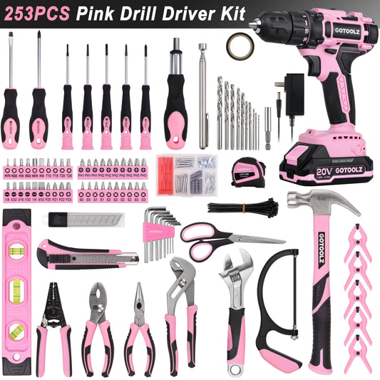 253-Piece 20V Pink Cordless Lithium-ion Drill Driver And Home Tool Set, Lady's Repairing Kit With 12-Inch Wide Mouth Open Storage Bag