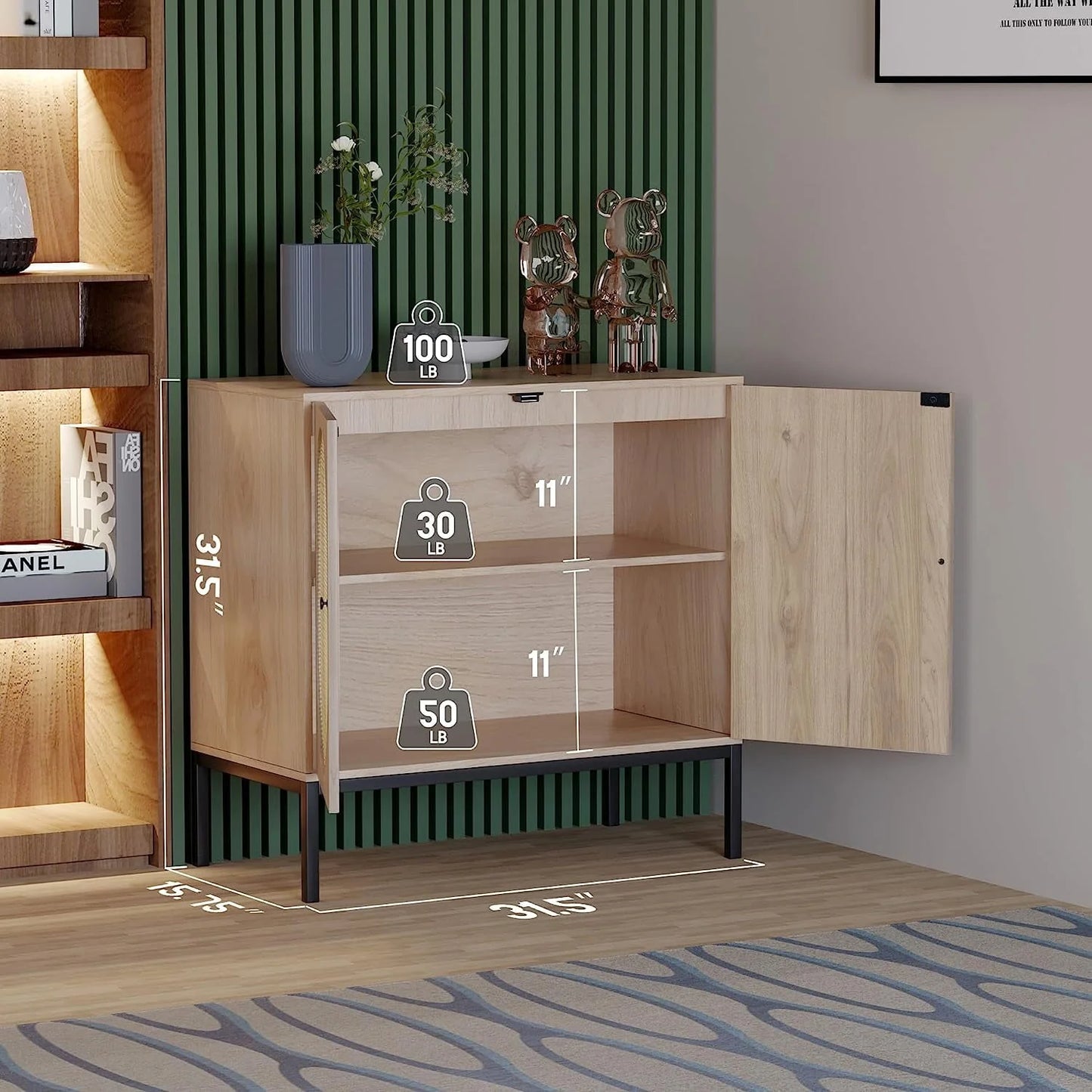 Buffet Sideboard Cabinets with Handmade Natural Rectangle Rattan Doors Set of 2, Accent Oak Color Entryway Chest Console Table with Storage Cabinet for Dining Room, Living Room, Kitchen
