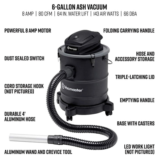 Vacmaster 6 Gal 120V Portable Corded Electric Ash Vacuum w/Wheels, Black