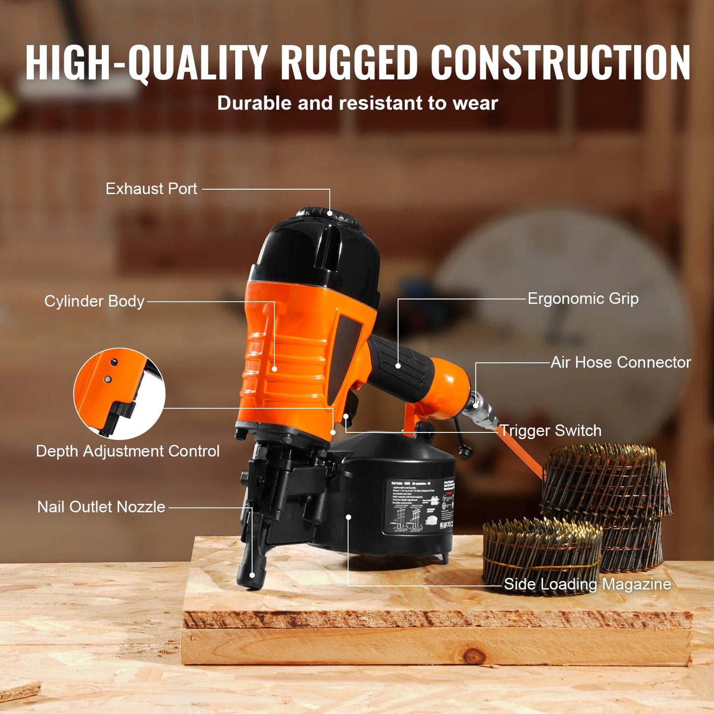 KFFKFF Pneumatic Coil Siding Nailer CN65, Adjustable 1-1/4" to 2-1/2" 15 Degree, 70-120PSI, Ideal for Siding, Sheathing, Woodworking, Fencing, and Decking