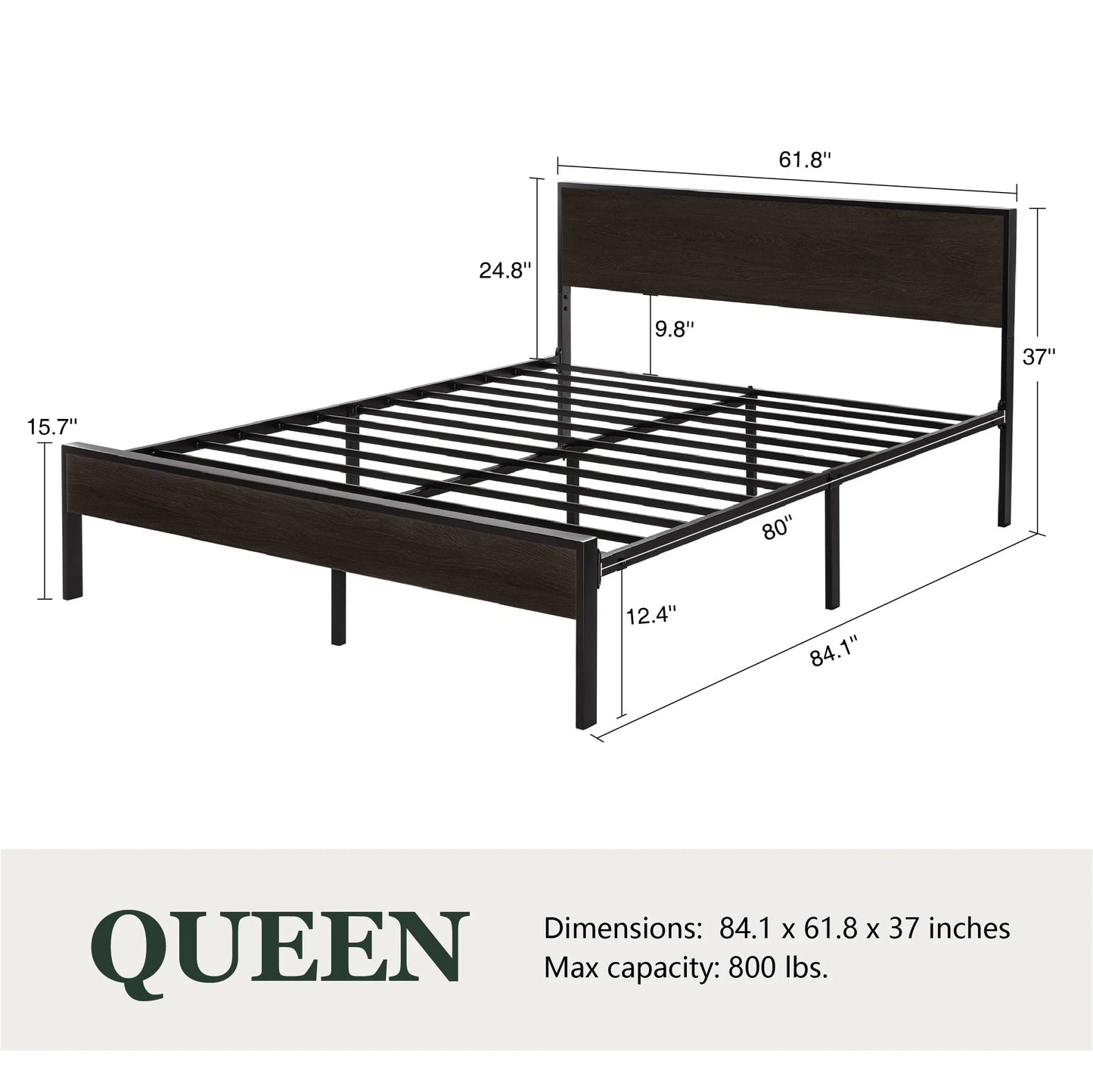Amolife Heavy Duty Queen Size Platform Bed Frame with Wood Headboard, 12" Under Bed Storage, Black Oak