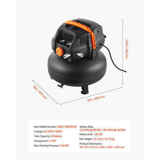 KFFKFF 6-Gallon Portable Air Compressor, 1.7HP with 2.3CFM@90PSI, 150PSI Max Pressure, Includes 12-Piece Accessory Kit and 50FT Air Hose for Inflation, Painting, and Nailing