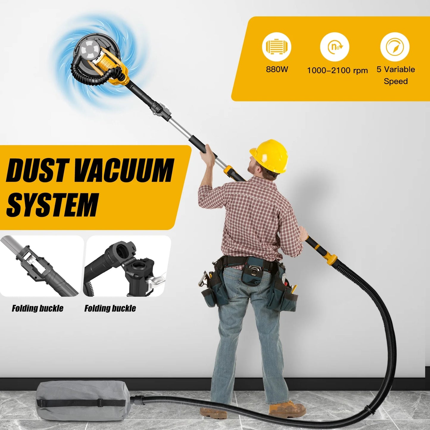 ZHJAN 880W Electric Drywall Sander with Vacuum, 5-Speed 2100RPM & LED, Adjustable Handle w/12 Sanding Discs & Dust Bag (59")