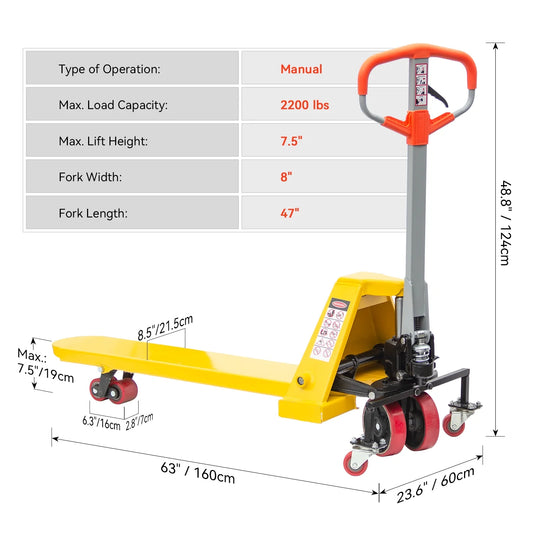 HPDMC Pallet Jack Truck 2,200 LBS Capacity 48'' L x 8'' W Single Fork Manual Pallet Jack Truck