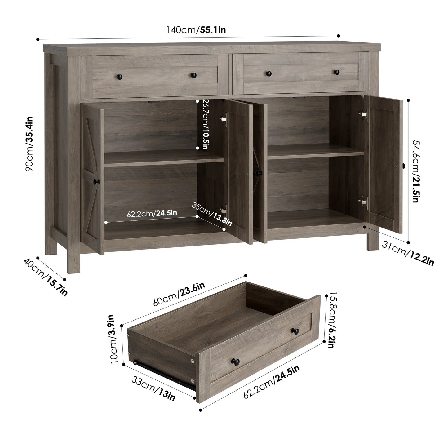 Homfa Farmhouse Kitchen Storage Cabinet, 4-Doors 2-Drawers Wood Buffet Sideboard for Dining Room Living Room, Gray