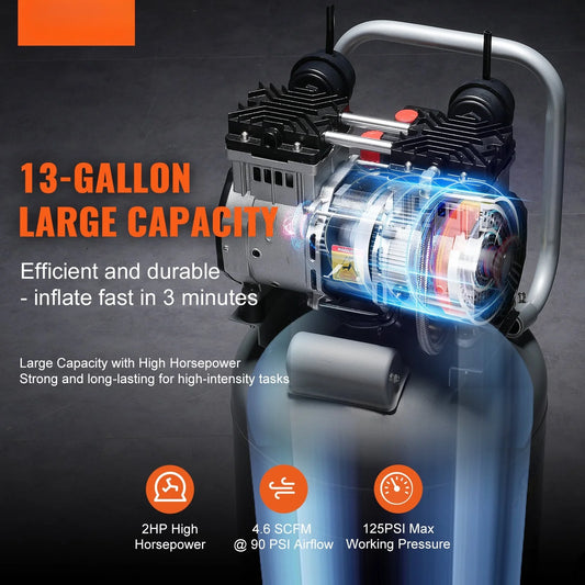 13-Gal 2HP Air Compressor - 4.6 SCFM Oil-Free | Ultra-Quiet for Tires