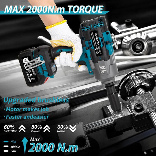2000Nm(1500ft-lbs) Cordless Impact Wrench,3/4 inch High Torque Brushless Impact Gun, 5500RPM Power Batt ery Impact Wrench w/2 x 4.0Ah Bat tery, Fast Charger for Heavy Duty Truck Mower