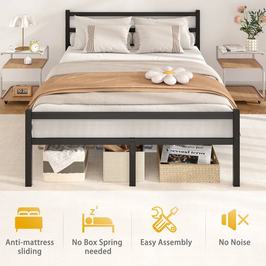 Mr IRONSTONE Heavy Duty Queen Size Metal Platform Bed Frame with Headboard and Footboard 14" High Under Bed Storage Space, No Box Spring Needed, Black