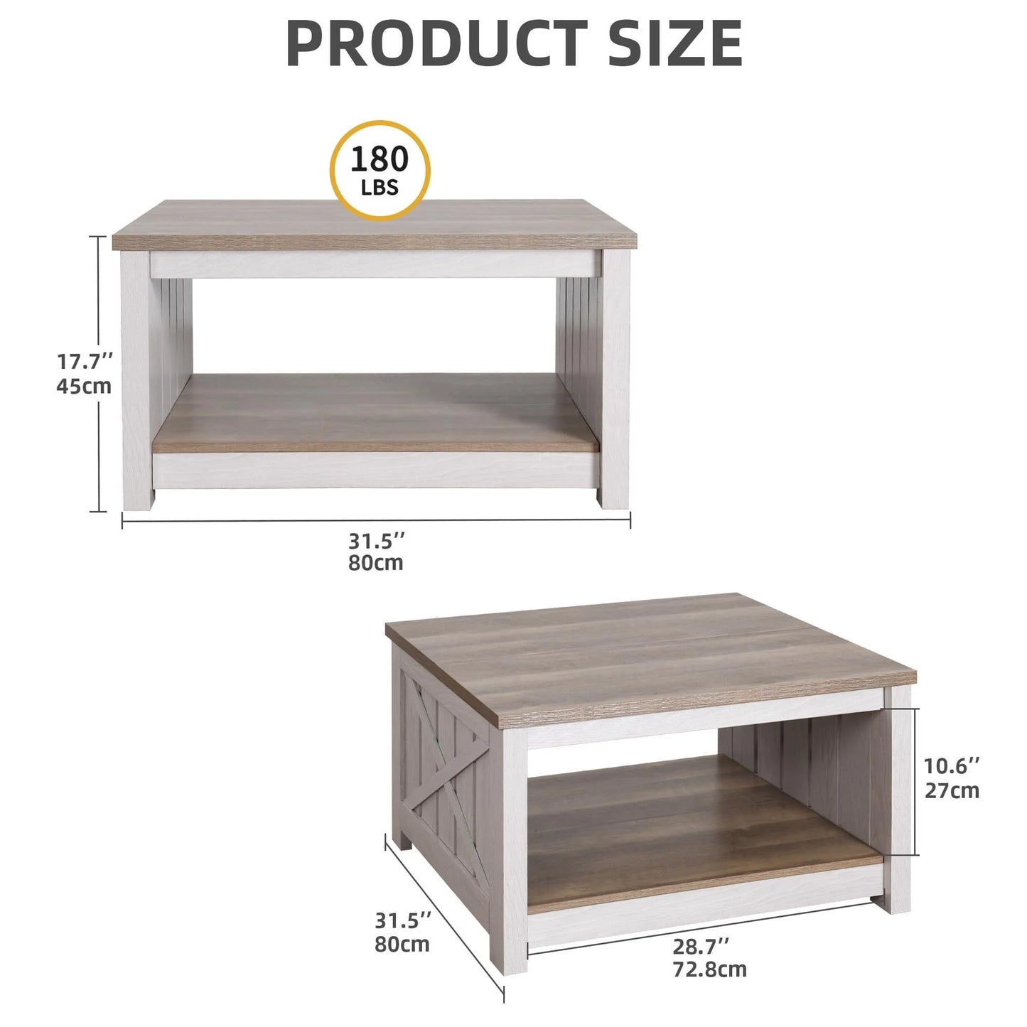 Dextrus Coffee Table with Storage, Square Wood Farmhouse Coffee Table with Barn Door for Living Room, Grey Wash