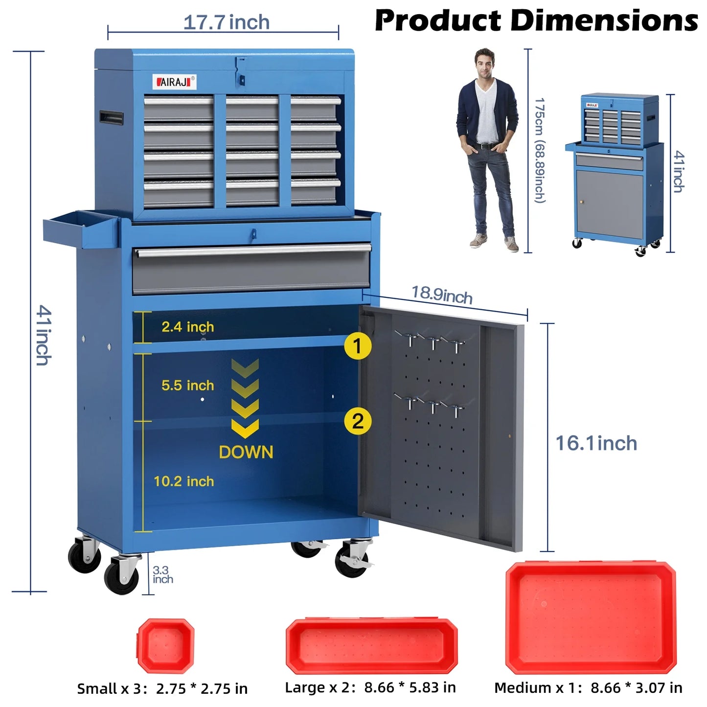 AIRAJ 7-Drawer 40 inch Large Rolling Tool Chest with Wheels | Detachable Top Metal Tool Box | Heavy Duty Toolbox Organizer with Hooks,Liners,Tray Divider