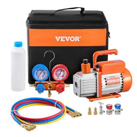 VEVOR 3.5 CFM AC Vacuum Pump and Gauge Set,Single Stage Rotary Vane HVAC Air Vacuum Pump,A/C Refrigerant Manifold Gauge Kit, with Hoses,for R134a,R12,R22,R502a,R410A,R404,R407C Refrigerants