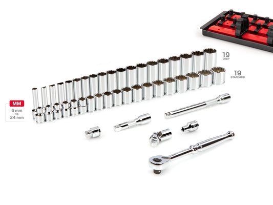 TEKTON 3/8 Inch Drive 12-Point Socket and Ratchet Set with Rails, 44-Piece (6-24 mm) | SKT13202