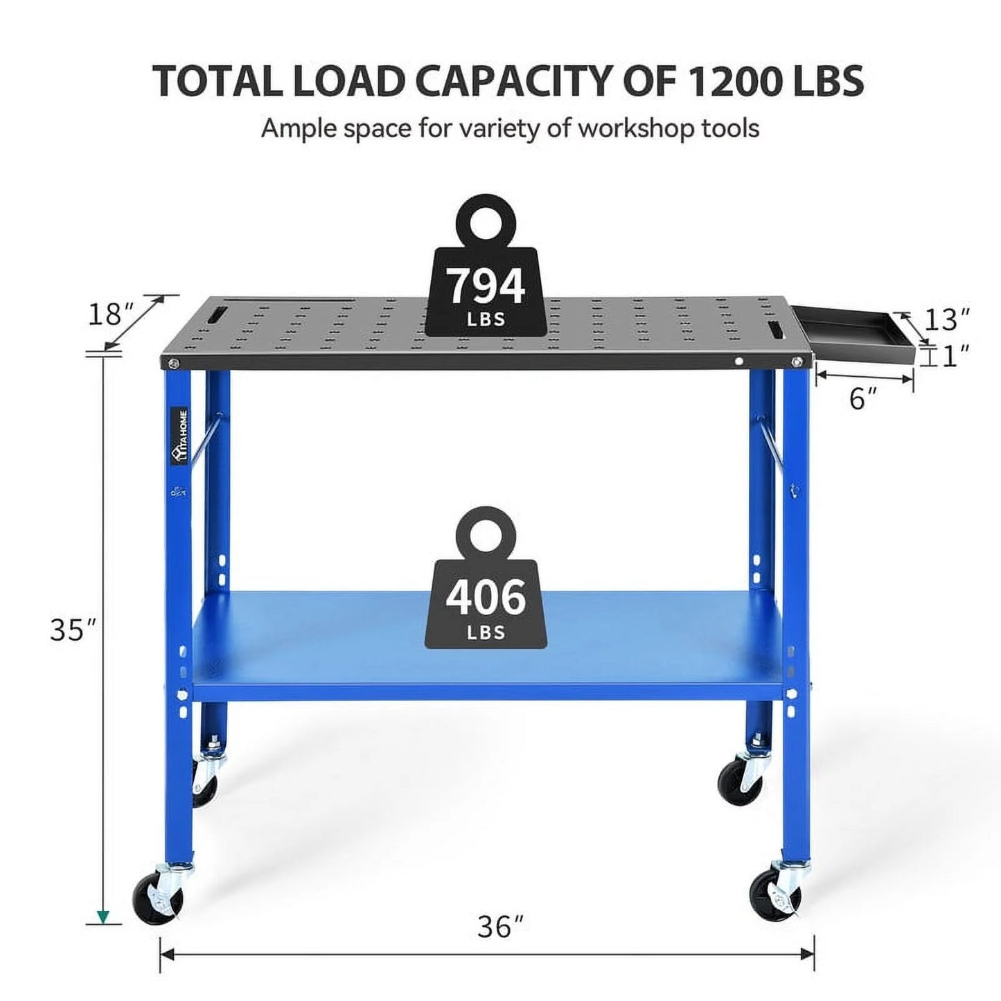 Uforic Welding Table w/360 Degree Swivel Brake Casters, 1200lb Load Capacity Heavy Duty Metal Workbench with 5/8" Holes for Welding Sawing, 36" x 18"