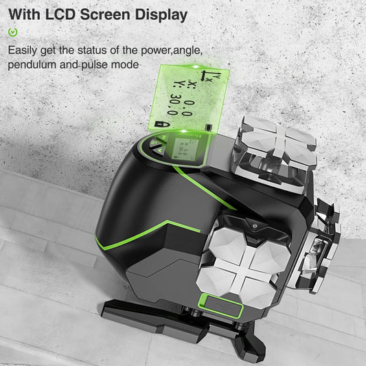 4D 16 Lines Self-Leveling Laser Level, 200Ft Green Beam 4 x 360° Cross Line Laser Level Tools with LCD Screen, Bluetooth and Magnetic Bracket