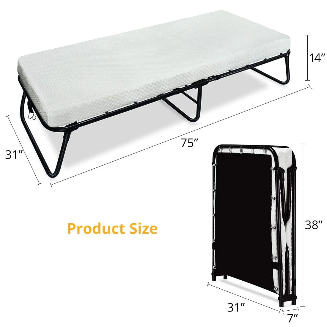 Quictent Heavy Duty Folding Bed with Two Extra Support Belts, 300 lbs Max Weight Capacity, Guest Bed, Daybed with 3D Stretch Knit Material Cover Mattress and Storage Bag Black