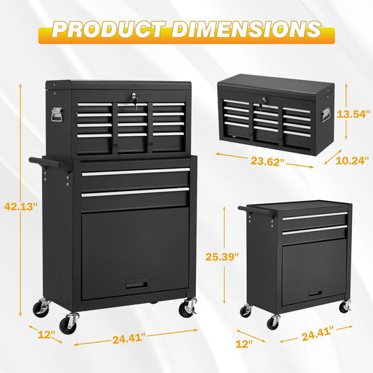AECOJOY 8-Drawer Rolling Tool Chest, Large Tool Cabinet with Universal Lockable Wheels, Detachable Toolbox Storage for Garage, Repair Shop, Workshop, Black