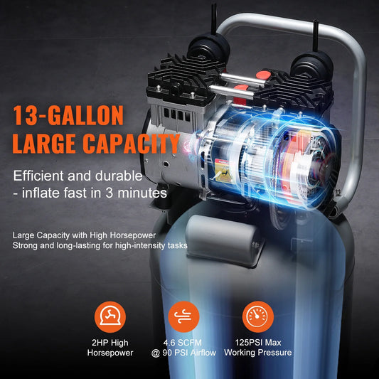 KFFKFF Air Compressor, 13 Gallon 2HP 4.6 SCFM@90PSI Oil-Free Air Compressor Tank with 125PSI Max Pressure, 66dB Ultra Quiet Compressor for Tire Inflation, Auto Repair, Spray Painting