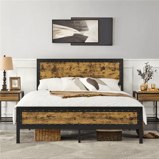 Yaheetech Metal Platform Bed with with Storage, Queen Size, Rustic Brown