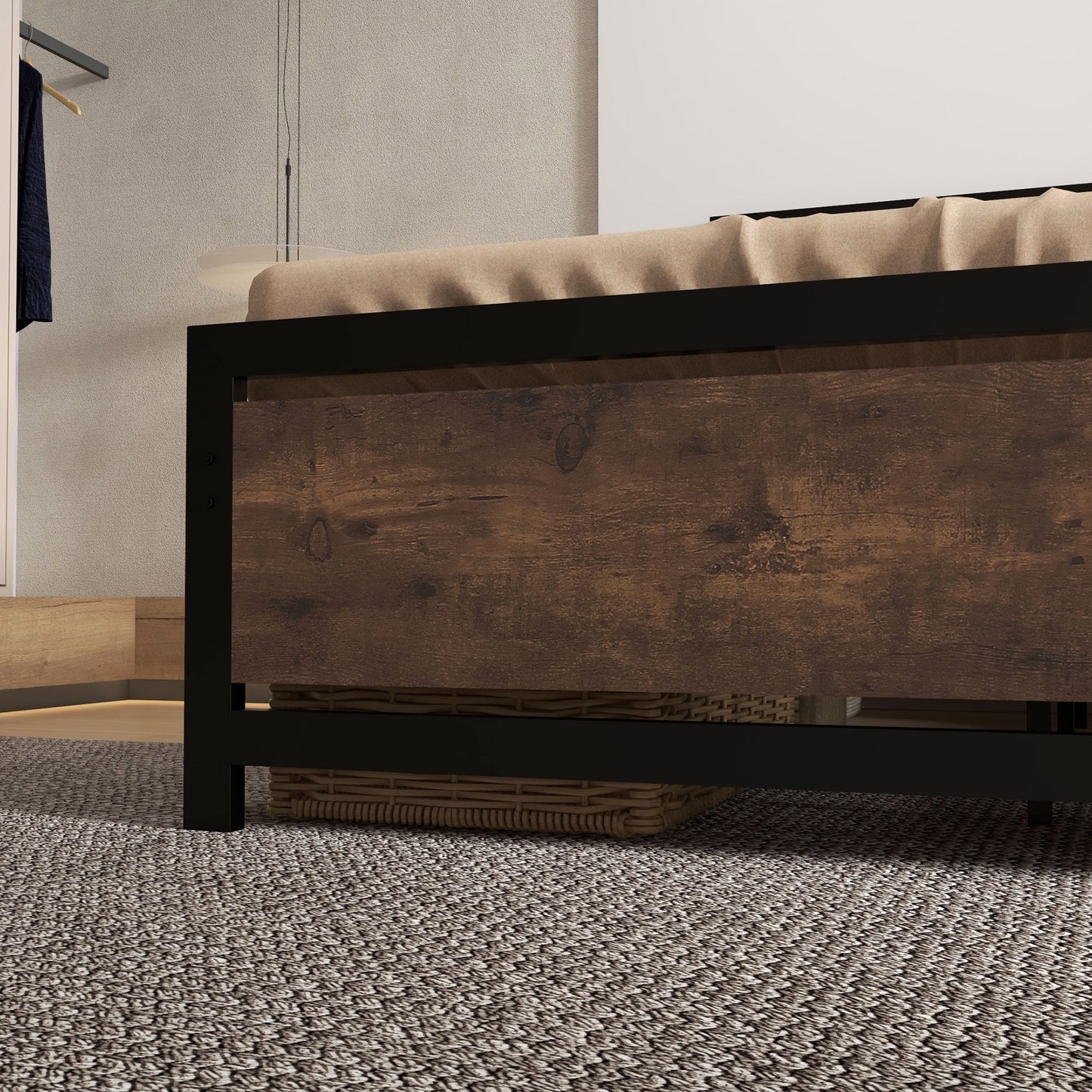 HomCom Full Platform Bed with Headboard & Footboard, Strong Metal Slat Support Bed Frame with Underbed Storage Space, No Box Spring Needed, 56.75" x 76.75" x 40.5"