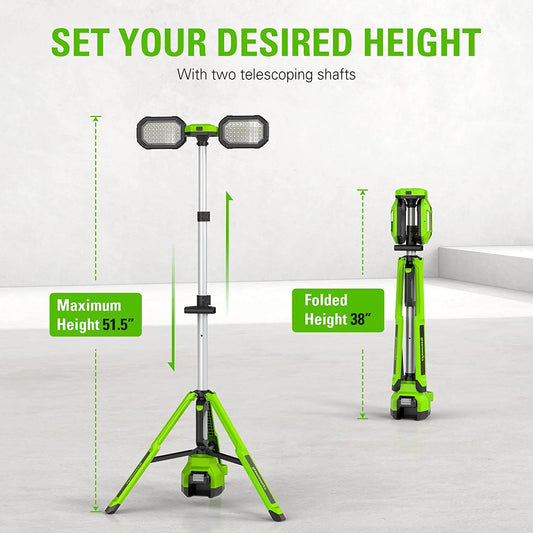 Greenworks 24V Standing Light Kit, LED Tripod Light with 2Ah Battery and 2A Charger