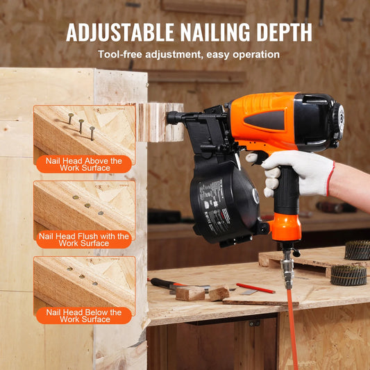 KFFKFF Pneumatic Coil Siding Nailer CN65, Adjustable 1-1/4" to 2-1/2" 15 Degree, 70-120PSI, Ideal for Siding, Sheathing, Woodworking, Fencing, and Decking