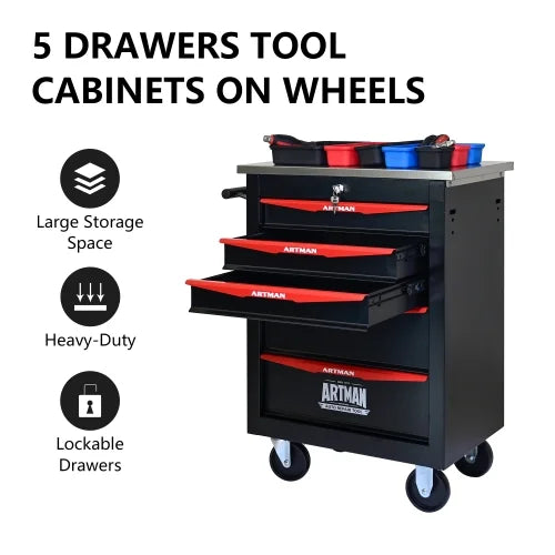 POVANLI 5 Drawer Portable Tool Box With Wheels,Tool Chest With Key Locking Tool Boxes/Organizers Black& Red