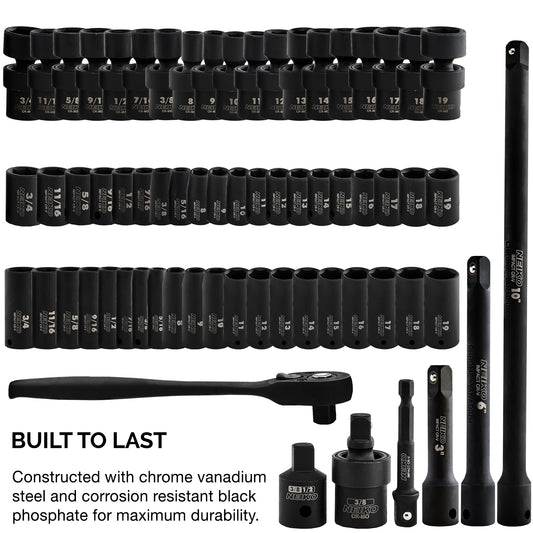 NEIKO 02471A Impact Socket Set, 3/8? Drive, 67 Piece, Metric and Standard Master Socket Set with Shallow & Deep Sockets, Ratchet, Swivel Sockets, Extension Bars, Adapters, Cr-V & Cr-Mo