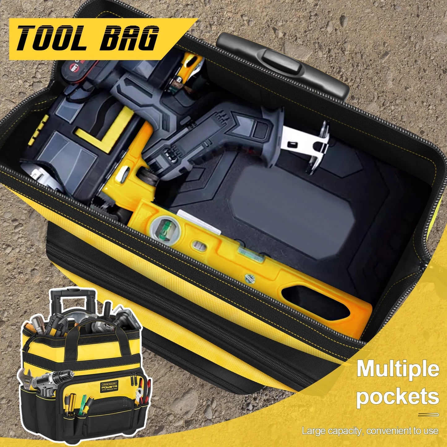 18" Rolling Tool Bag with Wheels, 15-Pocket Heavy Duty Rolling Tool Storage Bag with Retractable Handle for Construction, Carpentry, Repair