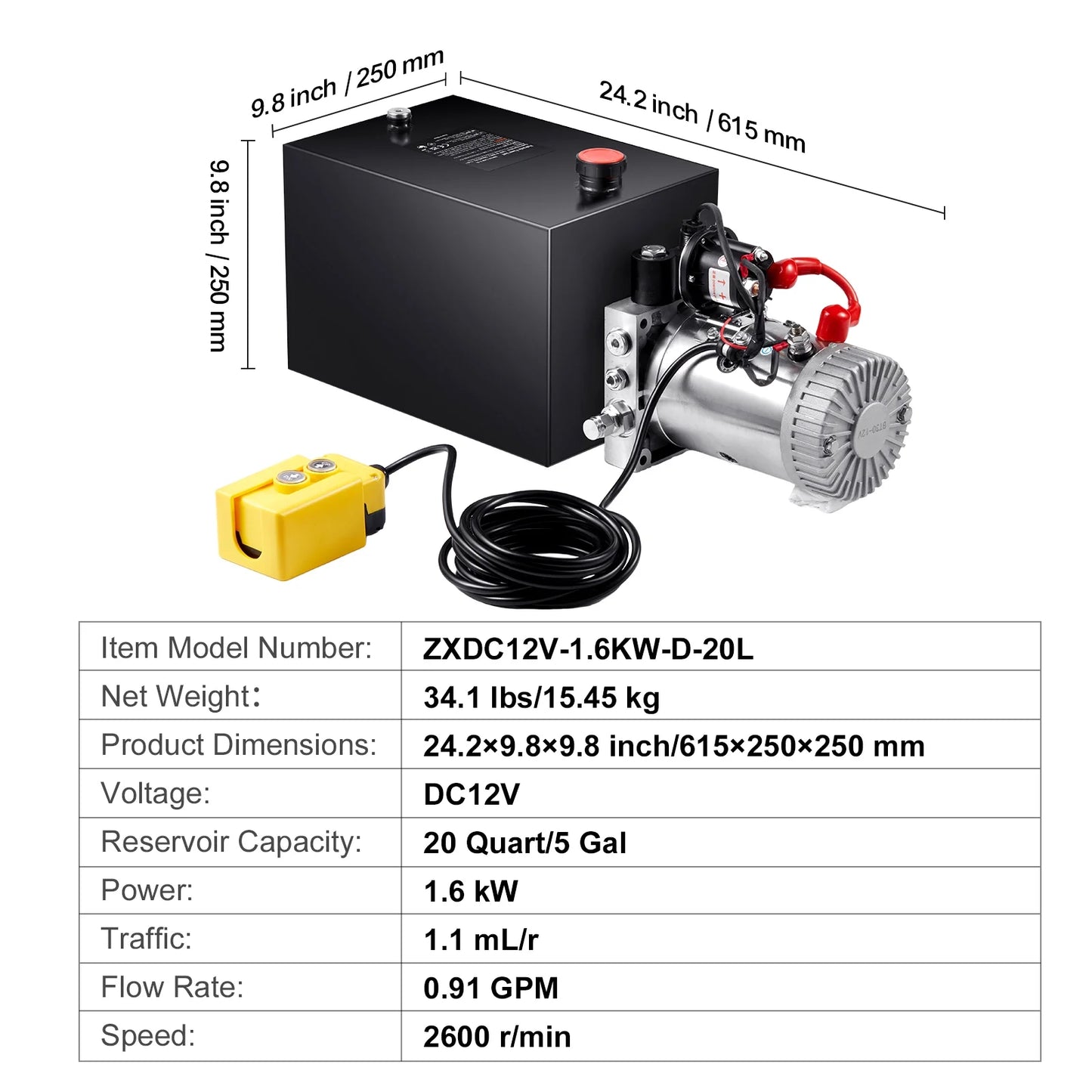 KFFKFF Hydraulic Pump, 20 Qt Power Unit, Single Acting for Dump Trailers, 0.91 GPM, 3200 PSI, 12V DC for Car Lifts