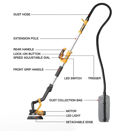 ZHJAN 880W Electric Drywall Sander with Vacuum, 5-Speed 2100RPM & LED, Adjustable Handle w/12 Sanding Discs & Dust Bag (59")