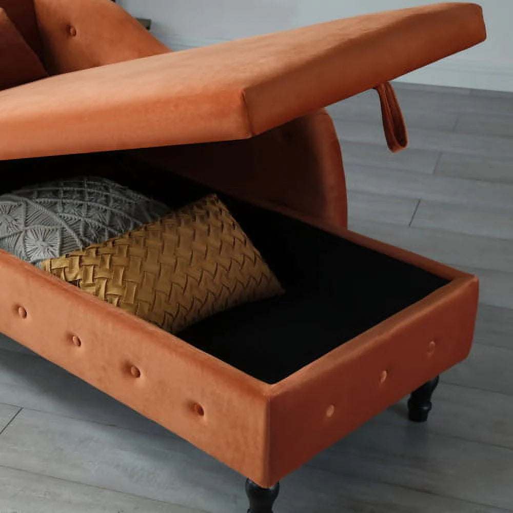 Velvet Chaise Lounge with Storage,Modern Upholstered Long Lounger with a Pillow and Solid Wood Legs,Multifunctional Sleeper Lounge Sofa for Living Room Bedroom Office,Orange