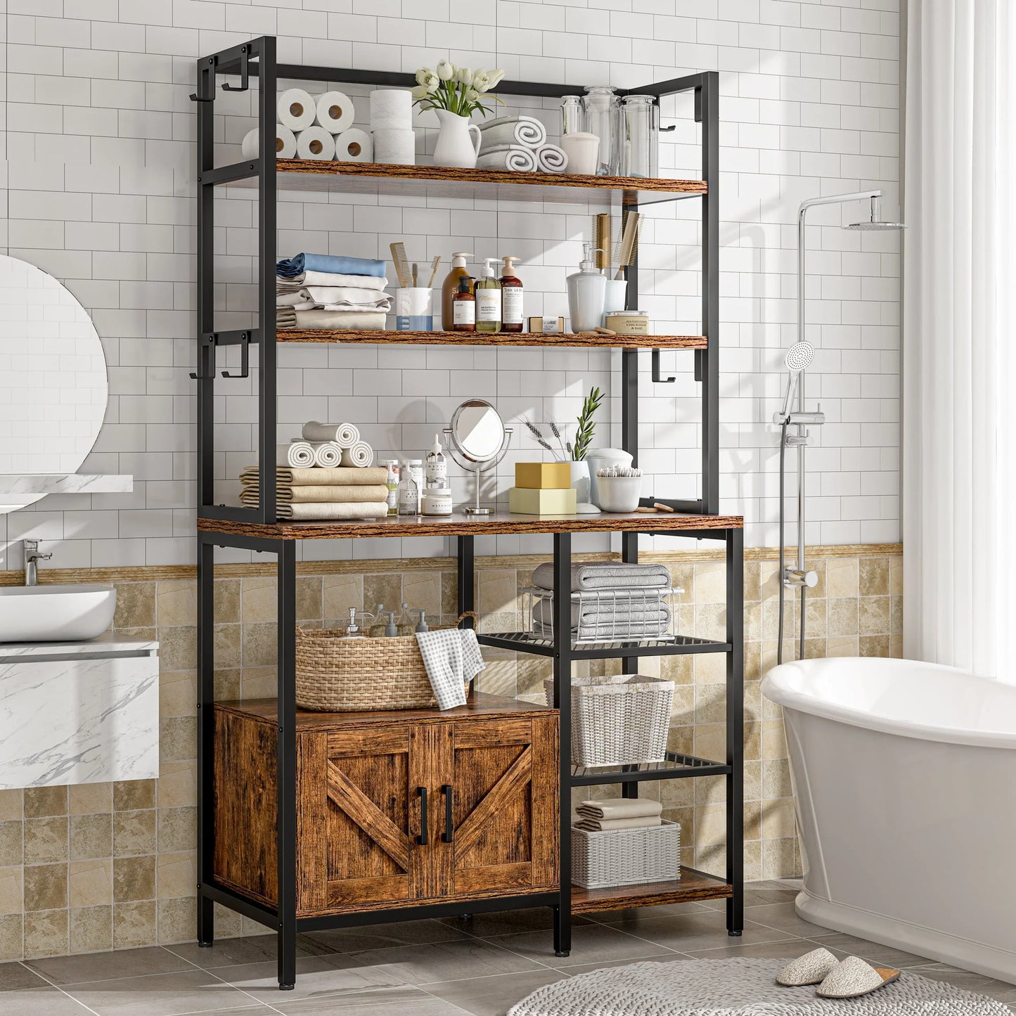 EnHomee 6 Tier Kitchen Bakers Rack Microwave Oven Stand with Storage Coffee Bar with Shelves Cabinet Hooks, 29.5" W * 13.9" D * 63" H Rustic Brown
