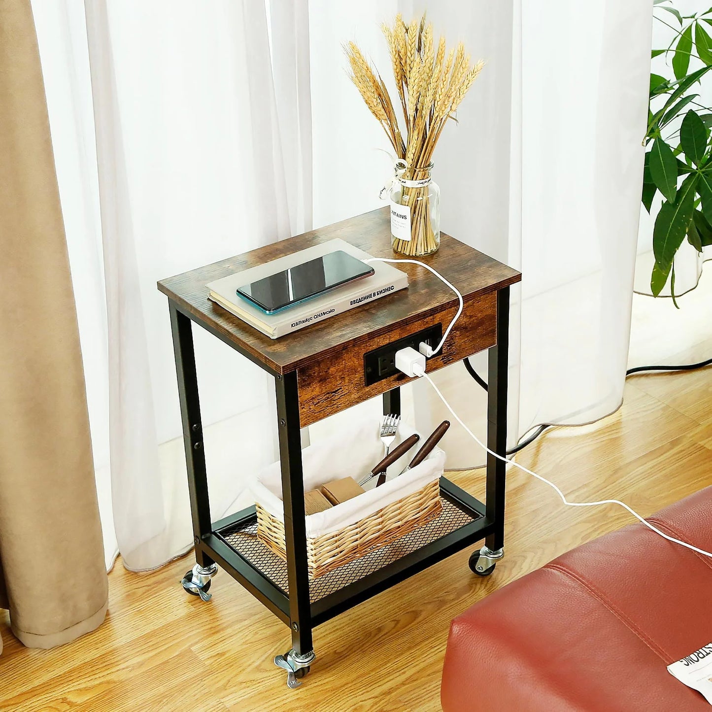 TC-HOMENY End Table with Charging Station & USB Ports, Side Table with Wheels & Storage Shelf Nightstand for Living Room Bedroom, Brown,Wood