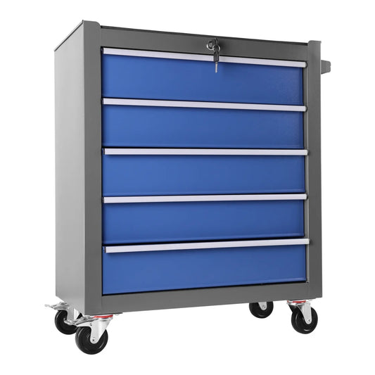 5-Drawer Portable Tool Box, Steel Rolling Tool Chest with 7 Drawer Organizer, 360-Degree Wheels & 360-Degree Brake Wheels, Lockable & Movable Tool Cabinet for Workshop, Garage, Warehouse, Blue + Grey