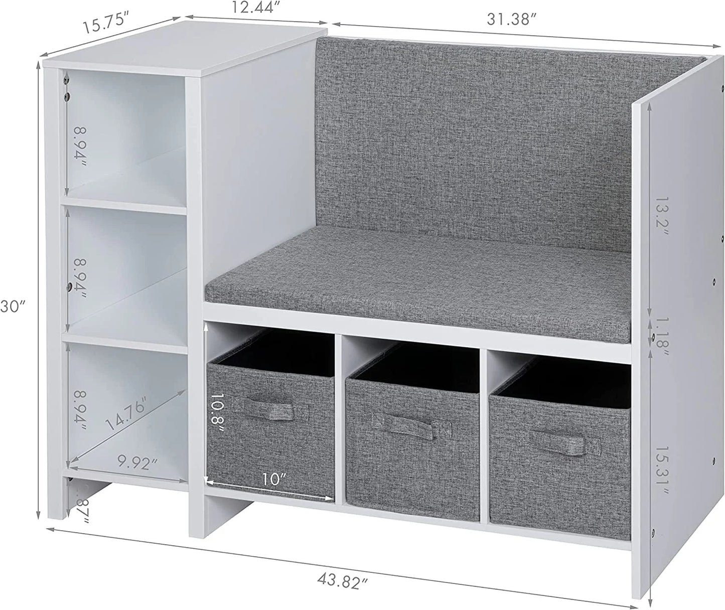 UTEX Kids Bookcase with Reading Seat, 6-Cubby Kids Toy Storage Organizer with Bins, Kids Bookshelf and Storage for Boys and Girls, White