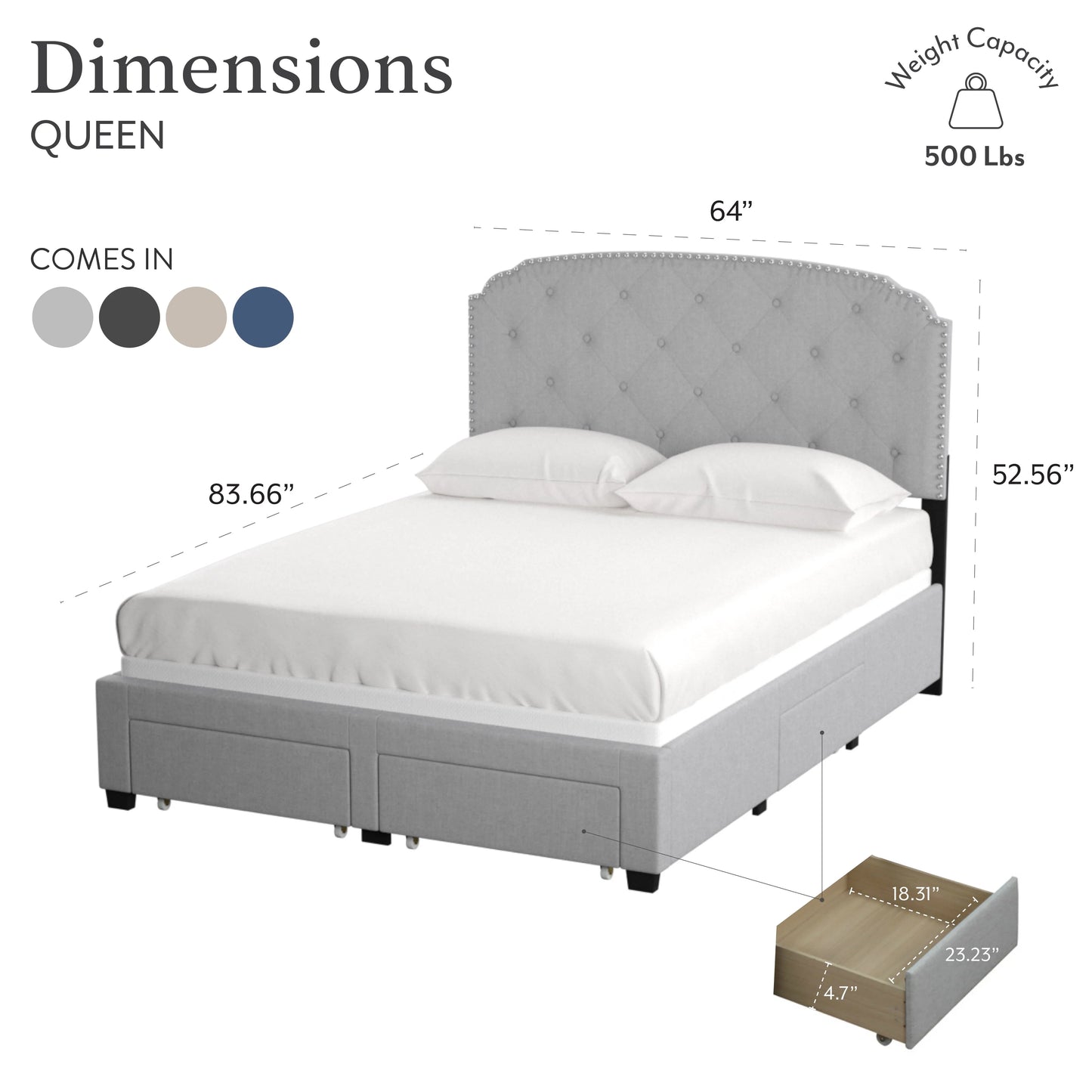 DG Casa Argo Tufted Upholstered Panel Bed Frame with Storage Drawers and Nailhead Trim Headboard, Queen Size Storage Bed in Charcoal Linen Style Fabric