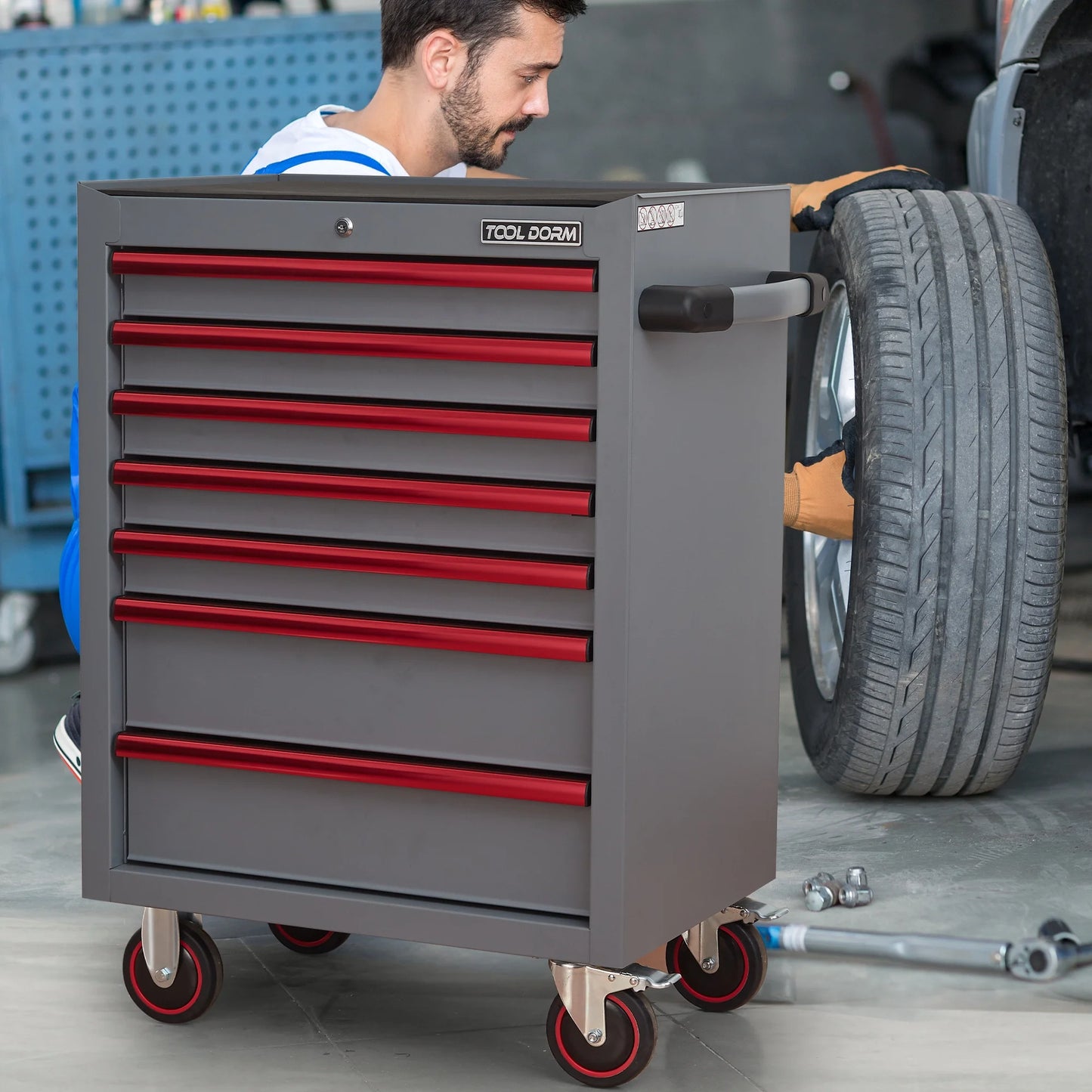 26.7inch Tool Cabinets Rolling Toolbox with 7 Drawers, Metal Tool Chest with Wheels, Gray Color, Tool Cart for Garage, Warehouse, Repair Shop, Workshop