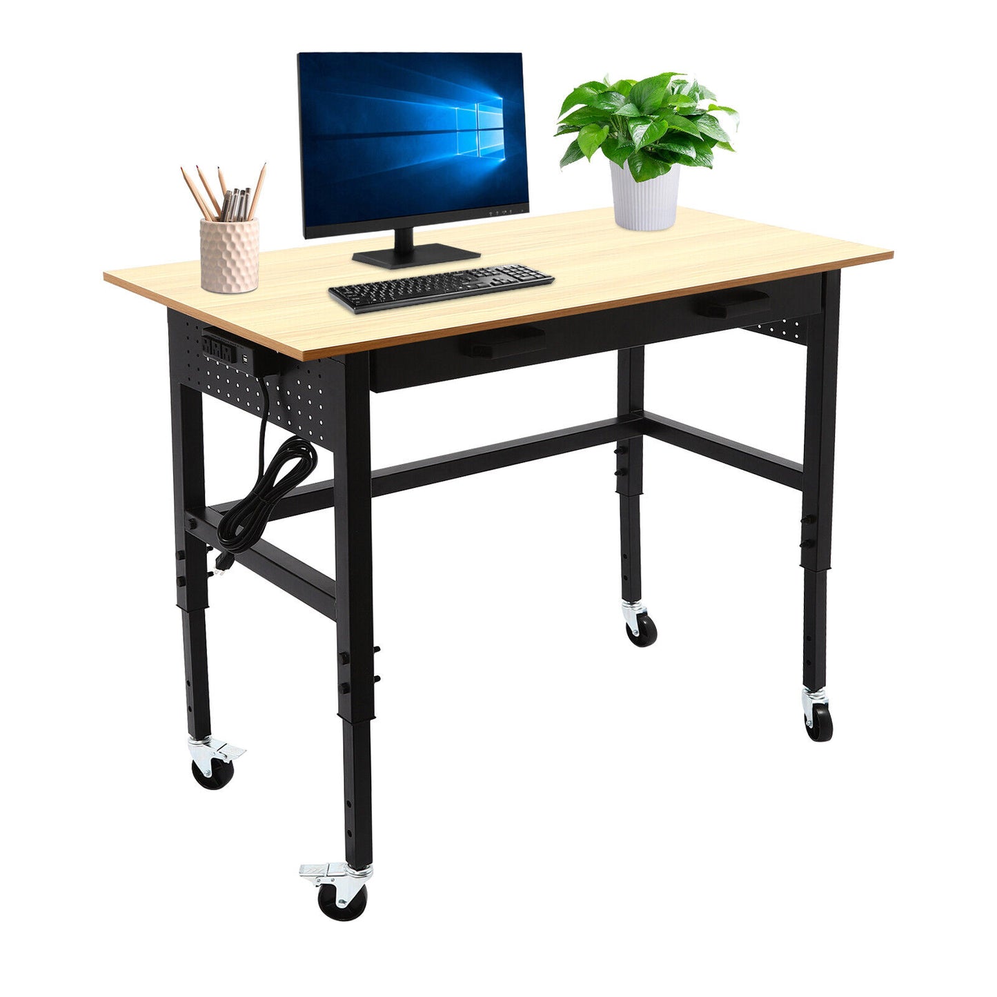 Multi-Functional Mobile Workbench | Adjustable Height | Power Outlet & Drawer | 200 lbs Capacity | Ideal for Garage, Home, and Office