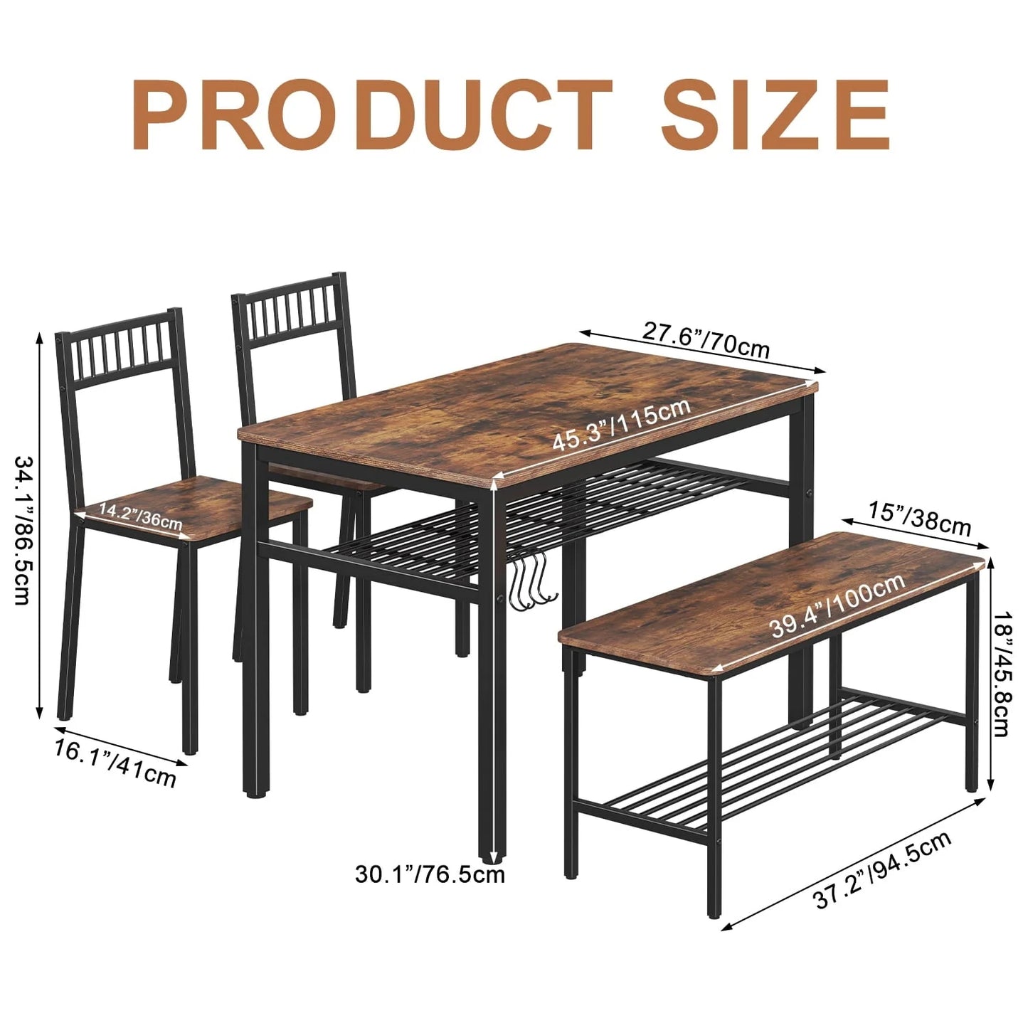 Winkalon Dining Table Set for 4,Wooden Kitchen Table Set with Storage Rack,1 Bench & 2 Chairs,Brown