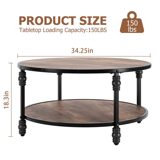 Round Coffee Table with Storage Shelf, Brown Wood 2 Tier Center Table with Metal Leg