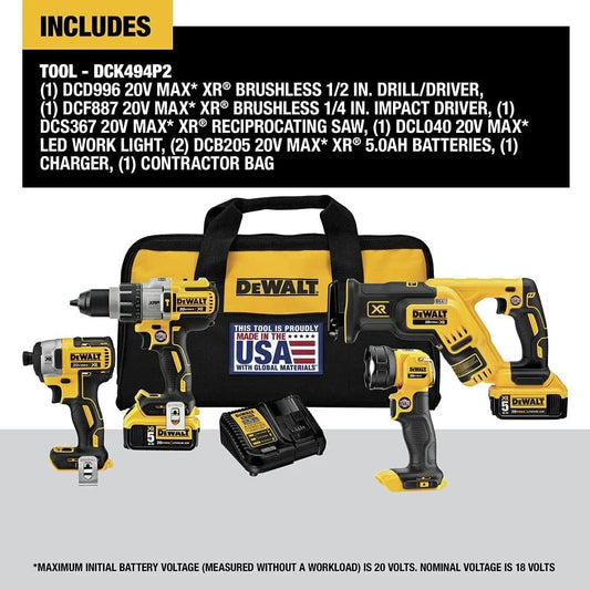 DEWALT 20V MAX XR Cordless Drill Combo Kit, 4-Tool DCK494P2