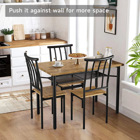 Katidap Dining Table Set for 4 Metal and Wood Indoor Modern Rectangular 5-Piece Dining Table Furniture Set with Storage Rack for Dining Room, Kitchen, Dinette(Rustic Brown)